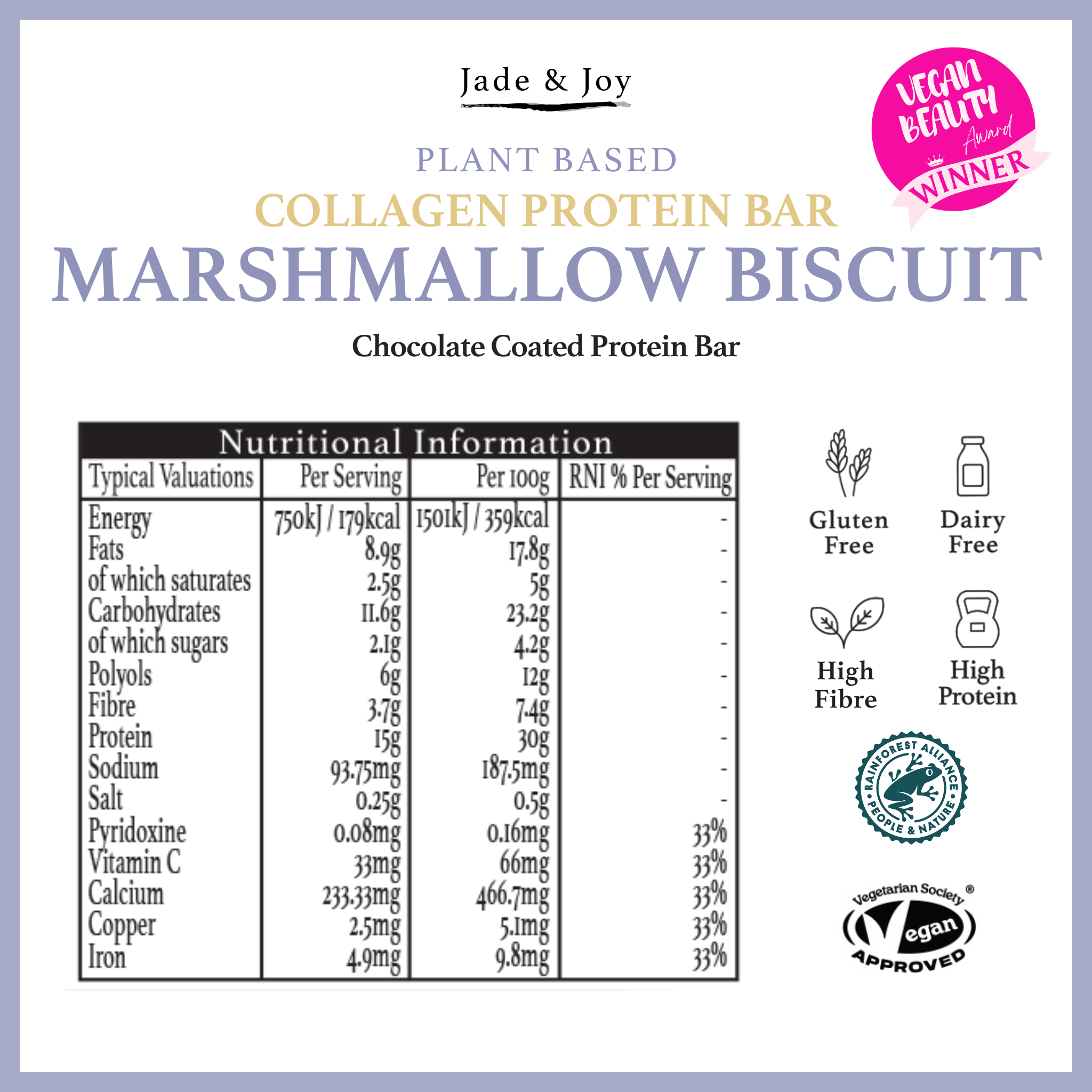 marshmallow biscuit Jade Joy Vegan Collagen Protein Bars  plant based gluten free nutritional information