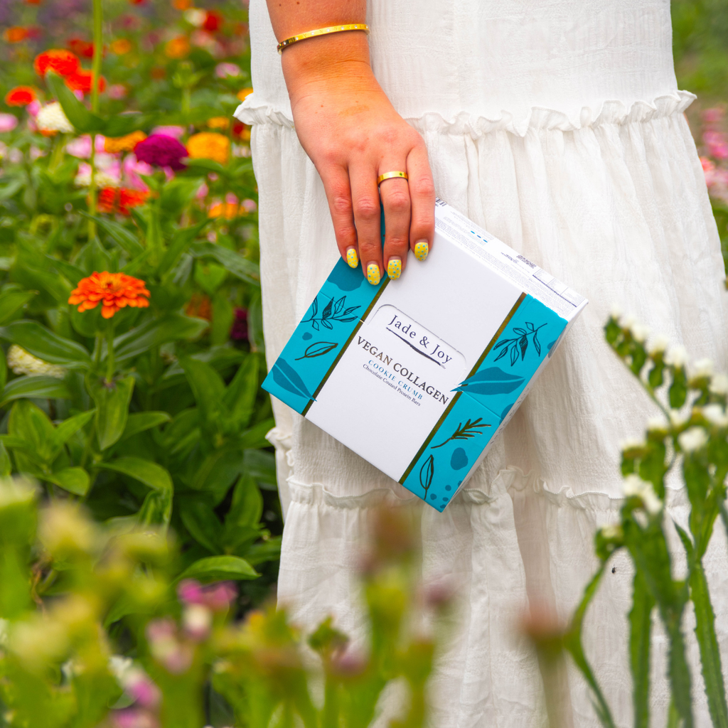 cookie crumb Jade Joy Vegan Collagen Protein Bars  plant based gluten free flower field