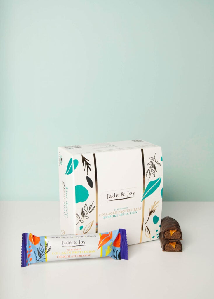 bespoke vegan collagen protein bar selection with chocolate orange